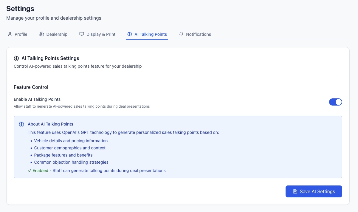 AI Talking Point Settings